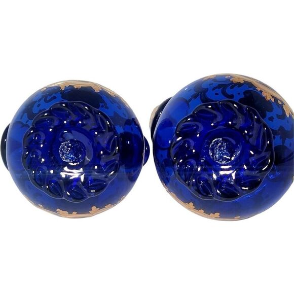Vtg Bohemian Hand Blown Cobalt Blue Oil And Vinegar Bottles With Gold Overlay - Picture 8 of 10